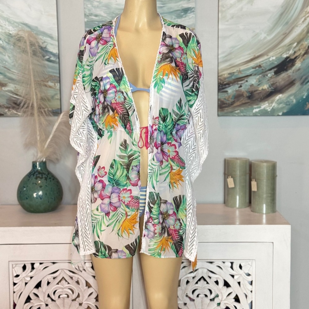 Vintage Y2K MIKEN Swim Tropical Floral Crochet Cover Up Medium